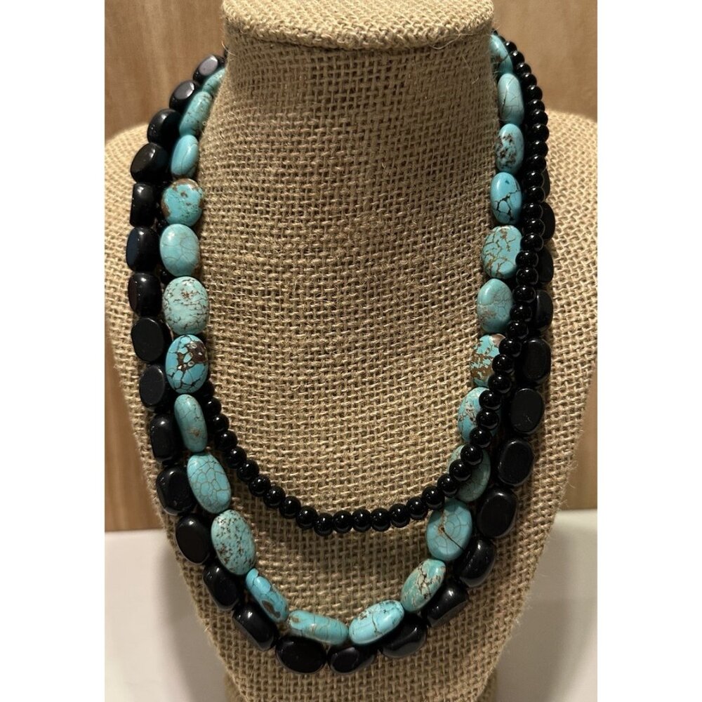MultiStrand Turquoise Faux Nugget Bead Necklace Chunky Black Onyx Boho Statement